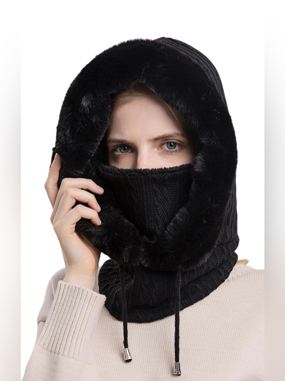 Black Faux Fur Trim Knit Hooded Scarf